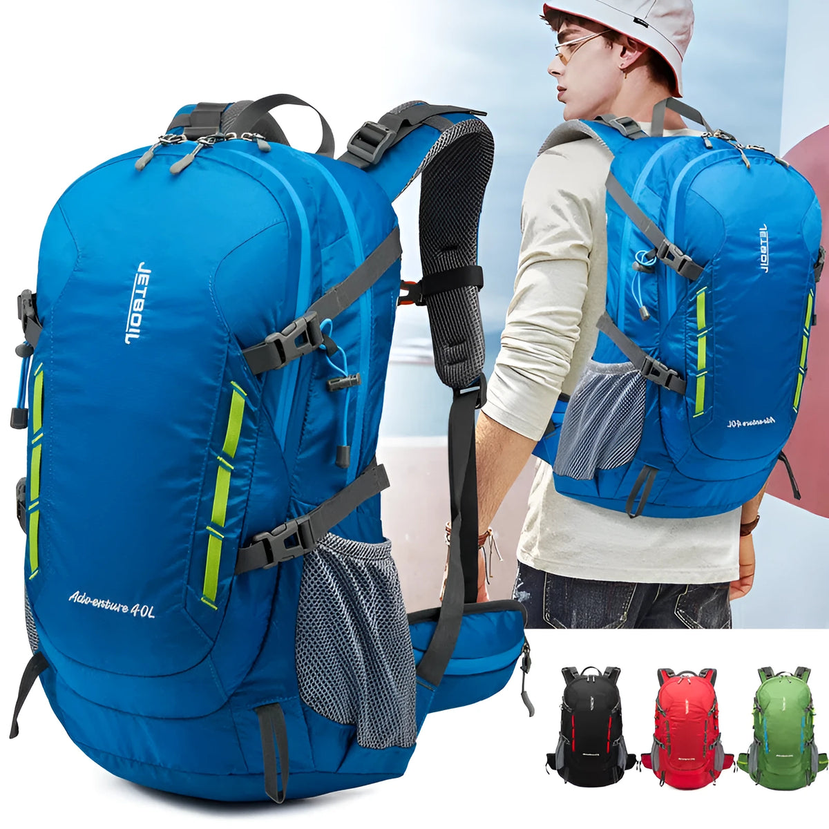 Unisex nylon hiking backpack in green, blue, black, or rose red with 36–55 litre capacity
