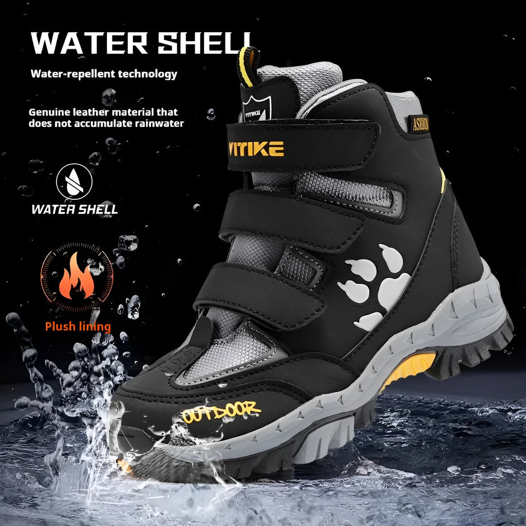 Winter anti-slip snow boots for older children with Velcro closure and cow suede upper in army green