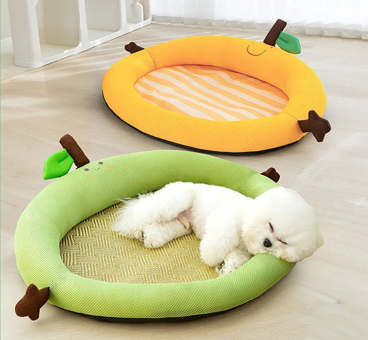 Green pet cooling mat with raised backrest nest for a dog or cat.