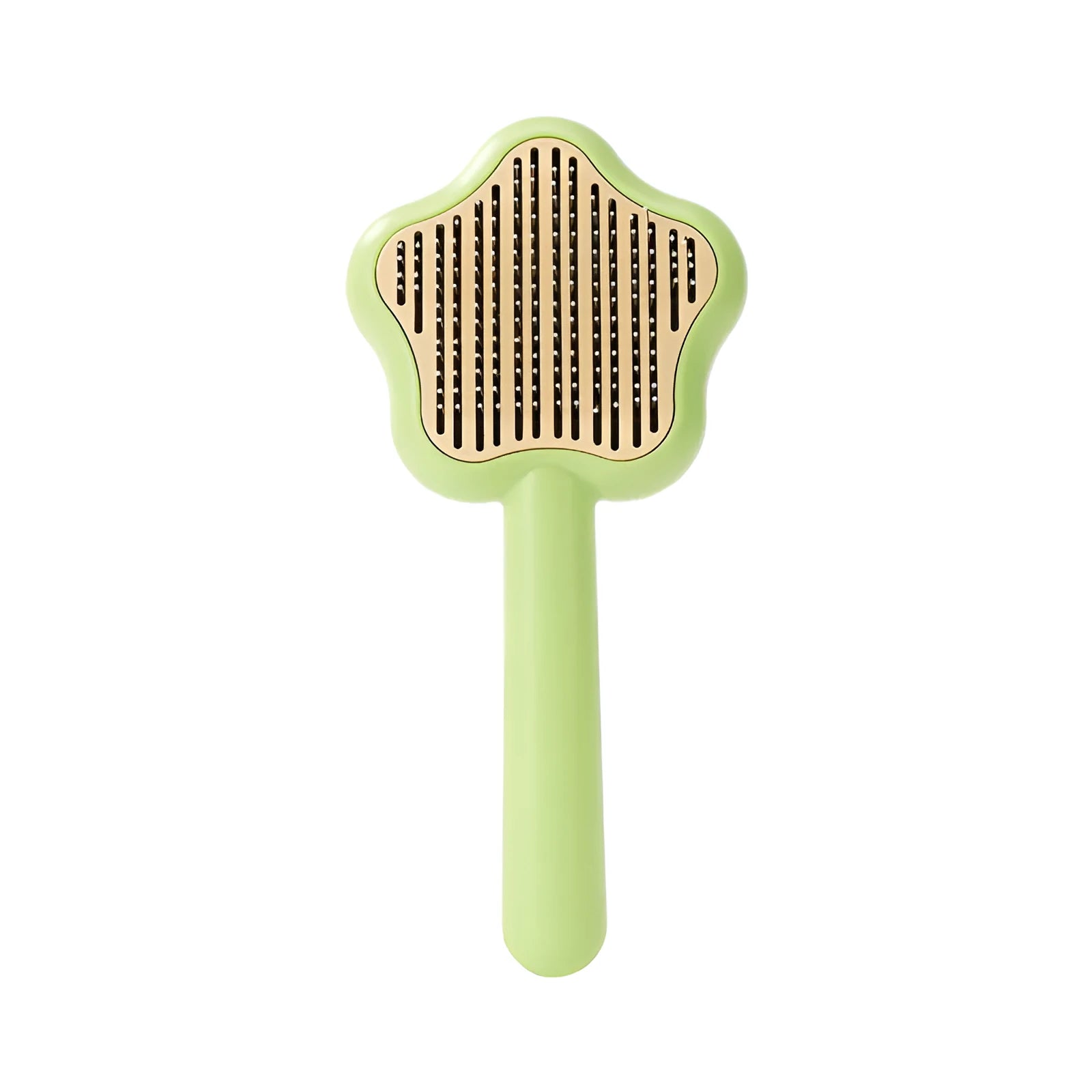 Self-cleaning stainless steel pet comb with green handle, showing the 20cm length and needle teeth