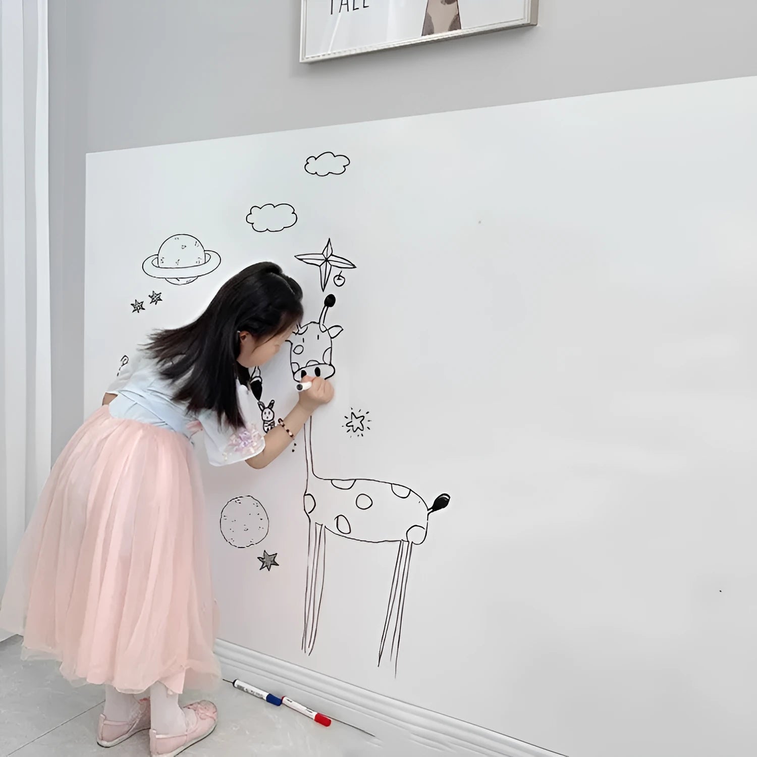 Removable electrostatic whiteboard wall sticker in white for children's room use, 45x200cm size