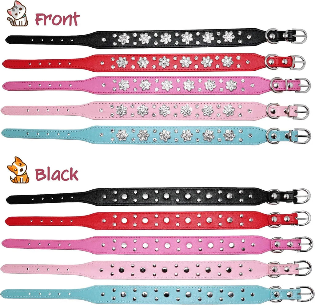 Rhinestone flower studded dog collar in PU leather for small medium dogs