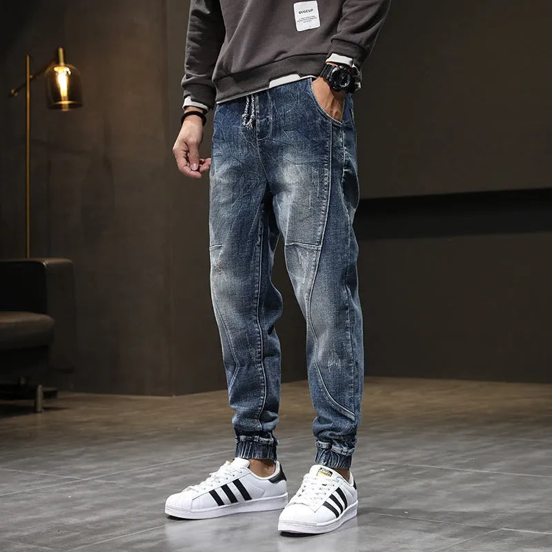 Men's blue plus size velvet stretch jeans with fleece lining, slim casual fit
