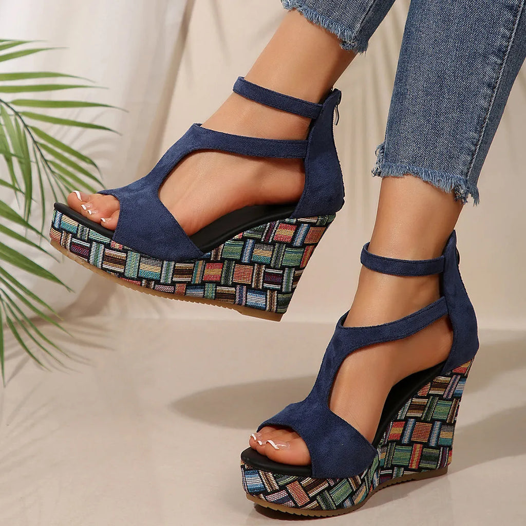 Women's cream white thick-soled ankle-strap buckle sandals with cloth upper on a plain background