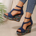 Women's cream white thick-soled ankle-strap buckle sandals with cloth upper on a plain background