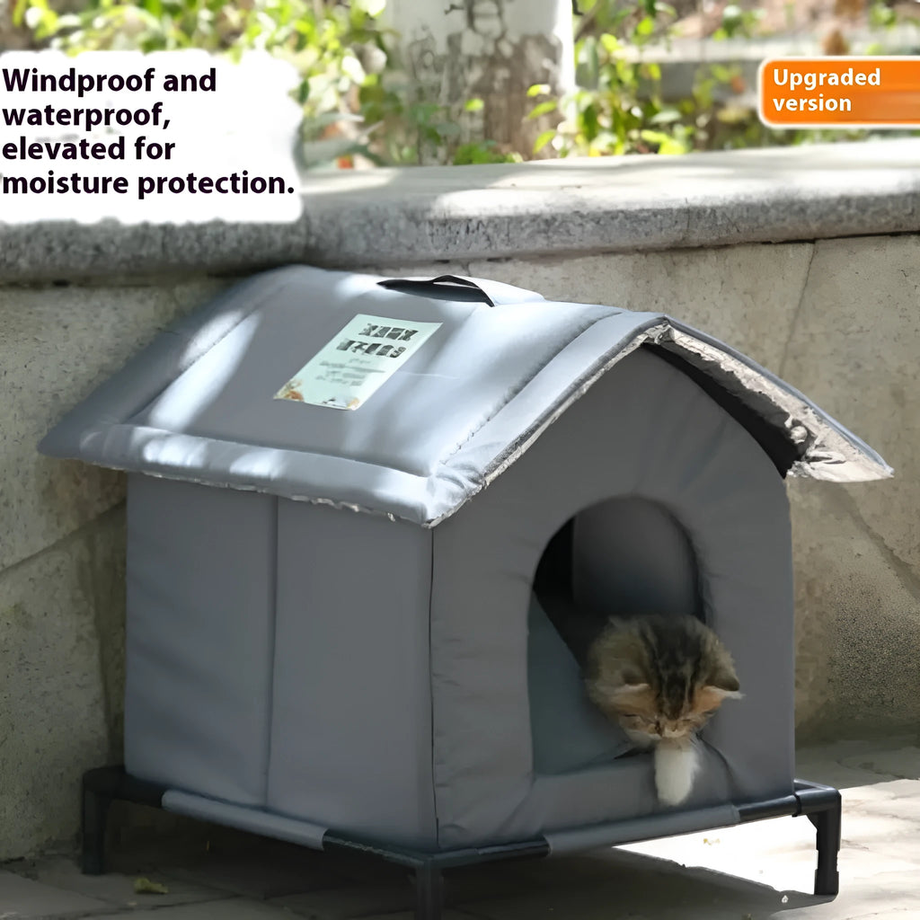 Gray cloth waterproof cat nest for stray cats with hanging bracket in outdoor winter setting