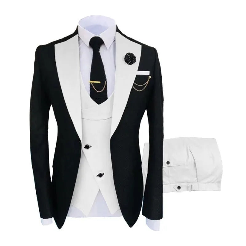 Men's slim fit three-piece cotton suit with coat, vest, and trousers for formal occasions