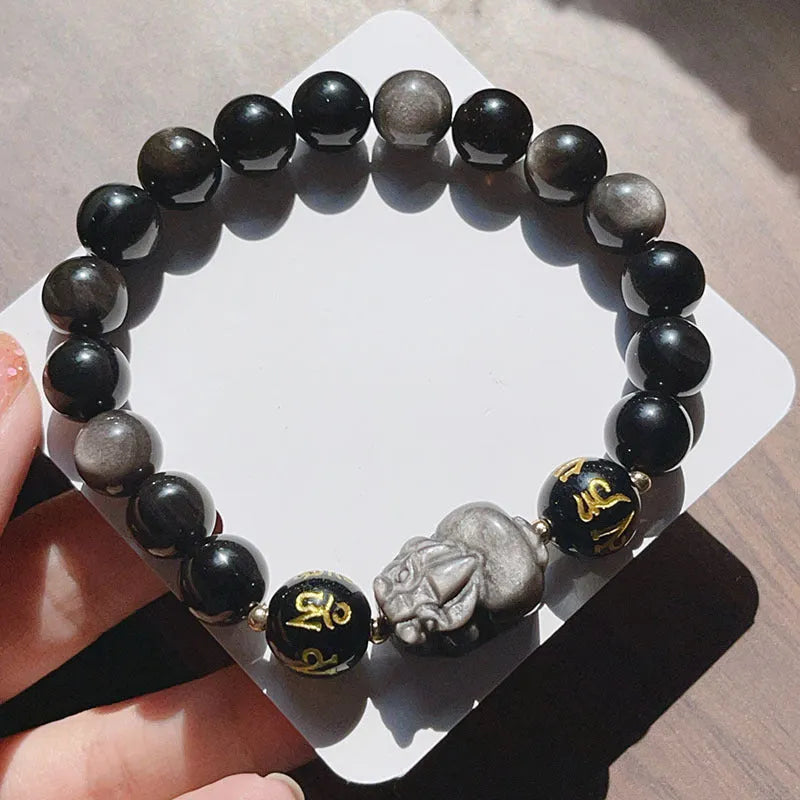 Men's silver stone bracelet with Chinese zodiac design and natural stone beads