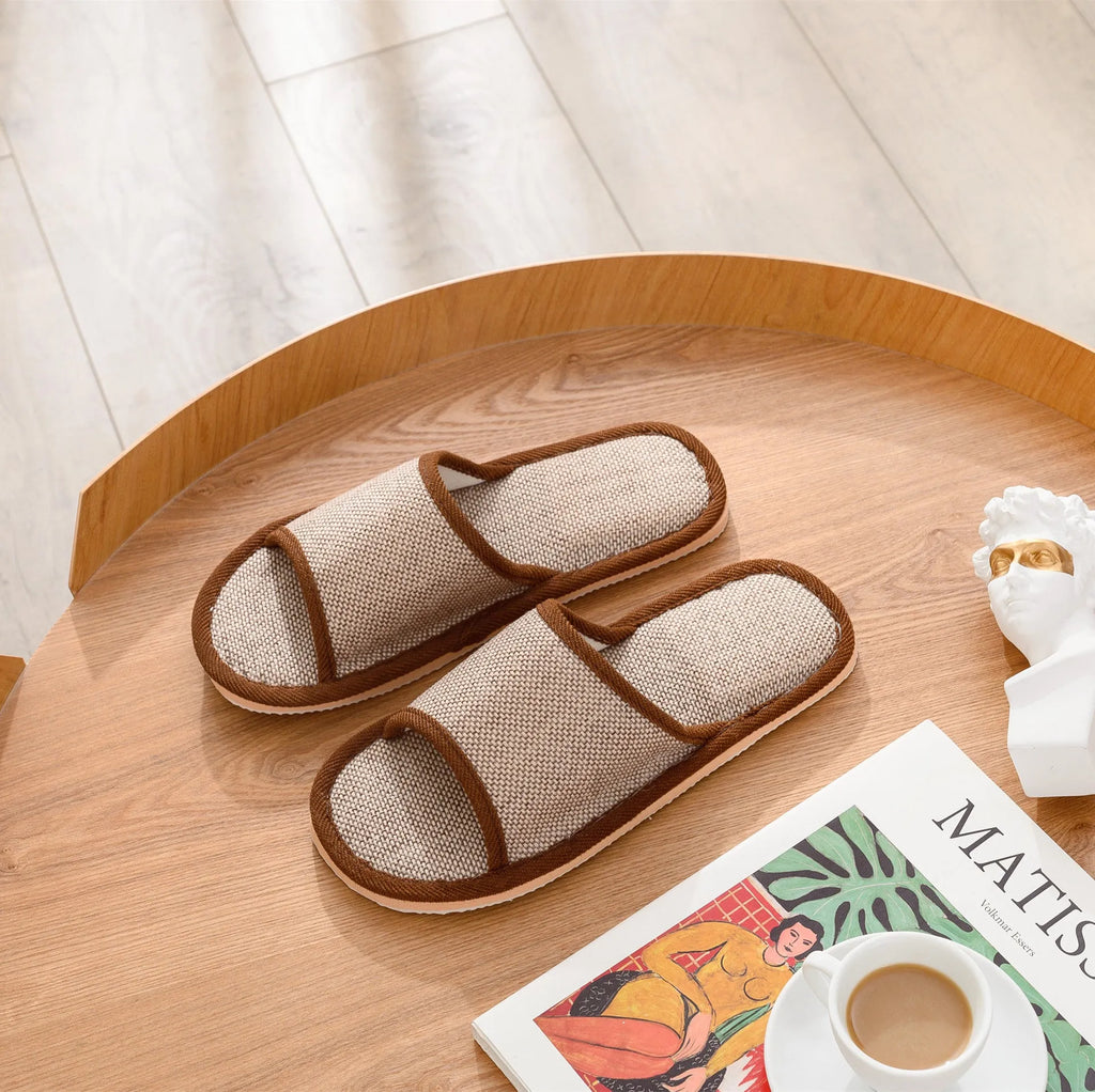 Women's open toe linen slippers in light brown, showing thickened sole and breathable design.