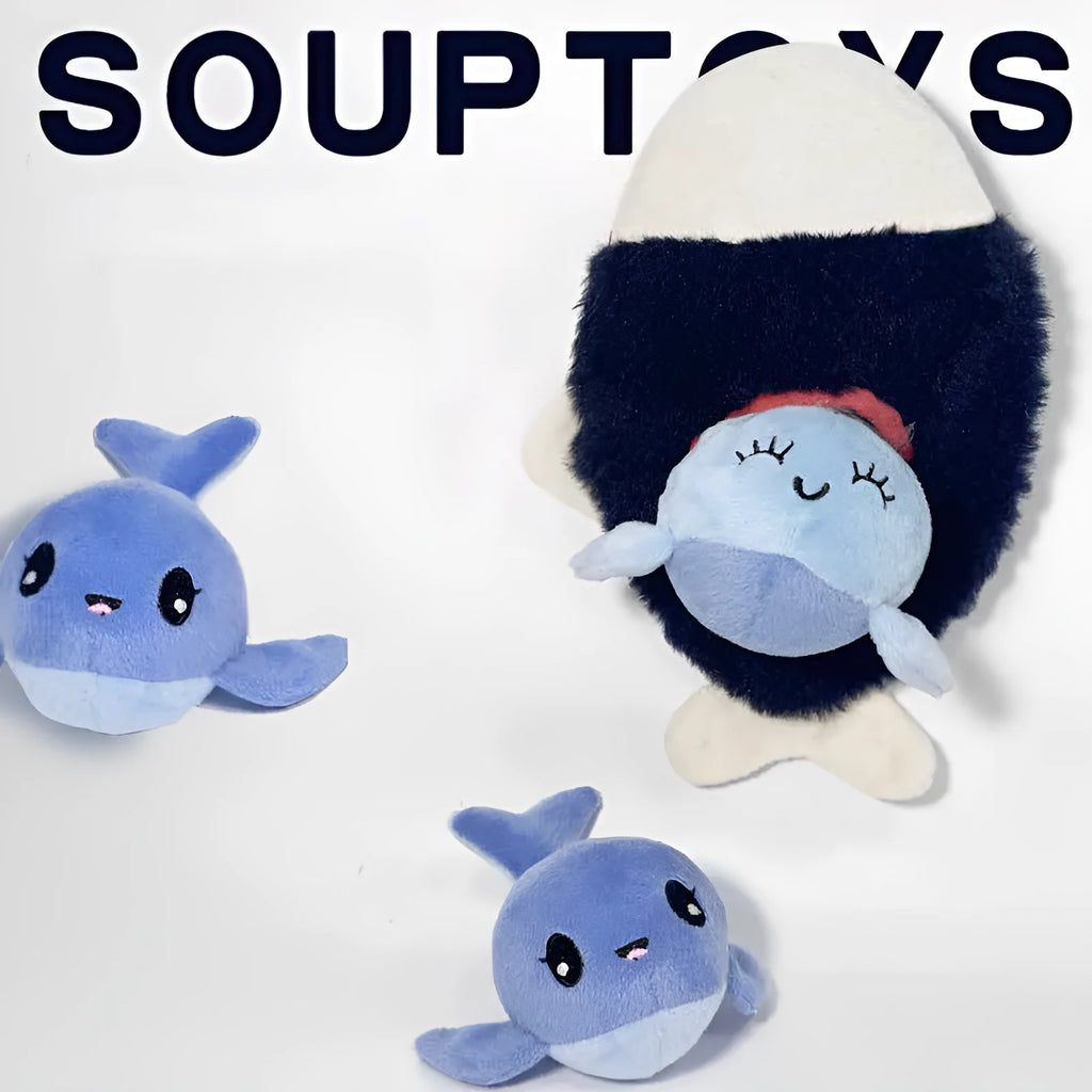 Blue plush dog toy with sound feature and hidden food pocket for treats, chewable boredom relief tool.