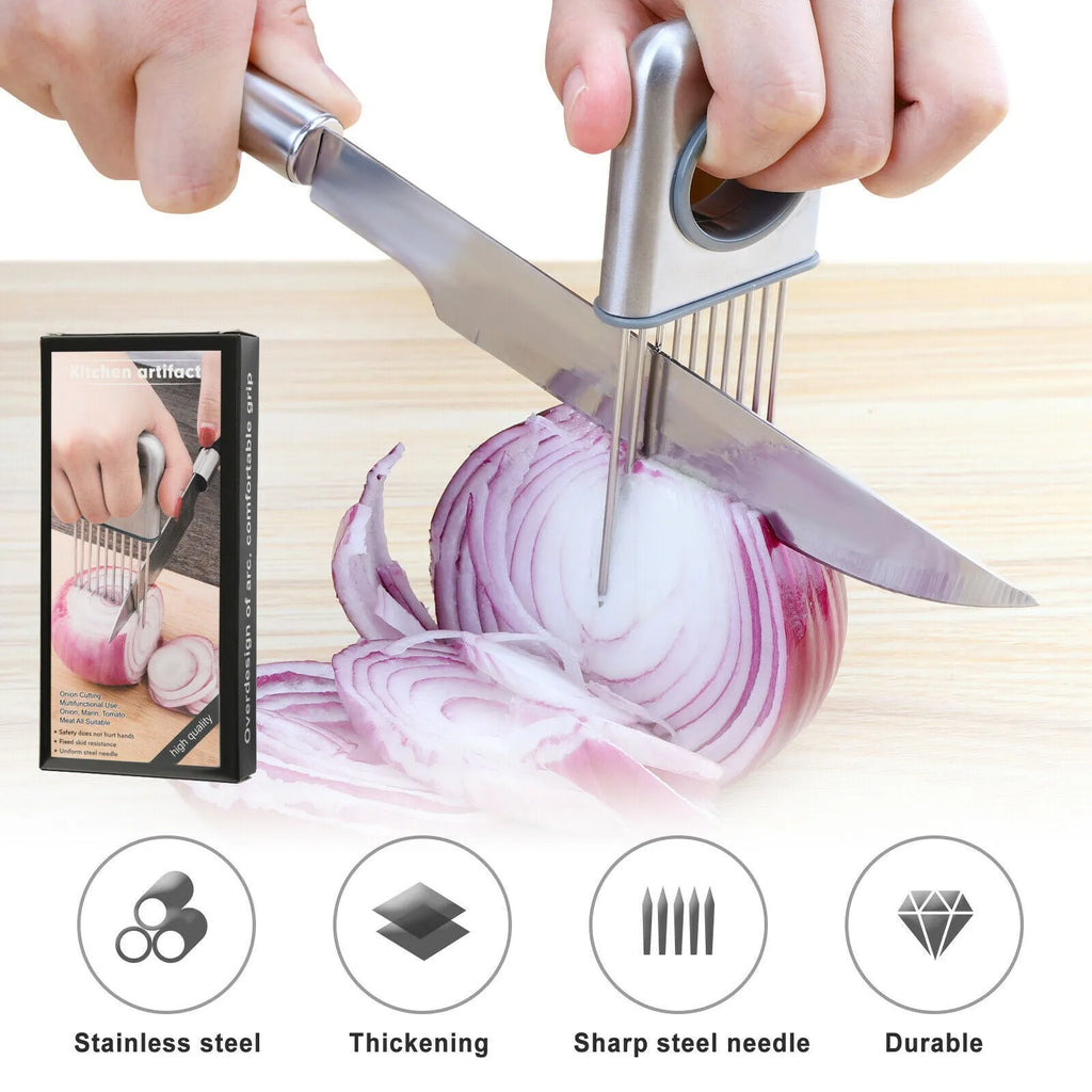 Stainless steel onion holder slicer with sharp prongs and a red finger guard on a cutting board.