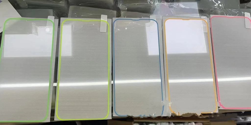 Fluorescent tempered glass screen protector for iPhone in blue luminous colour showing full front coverage.