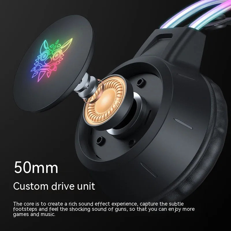 X15PRO wired gaming headset with RGB luminous lights and built-in microphone on black background