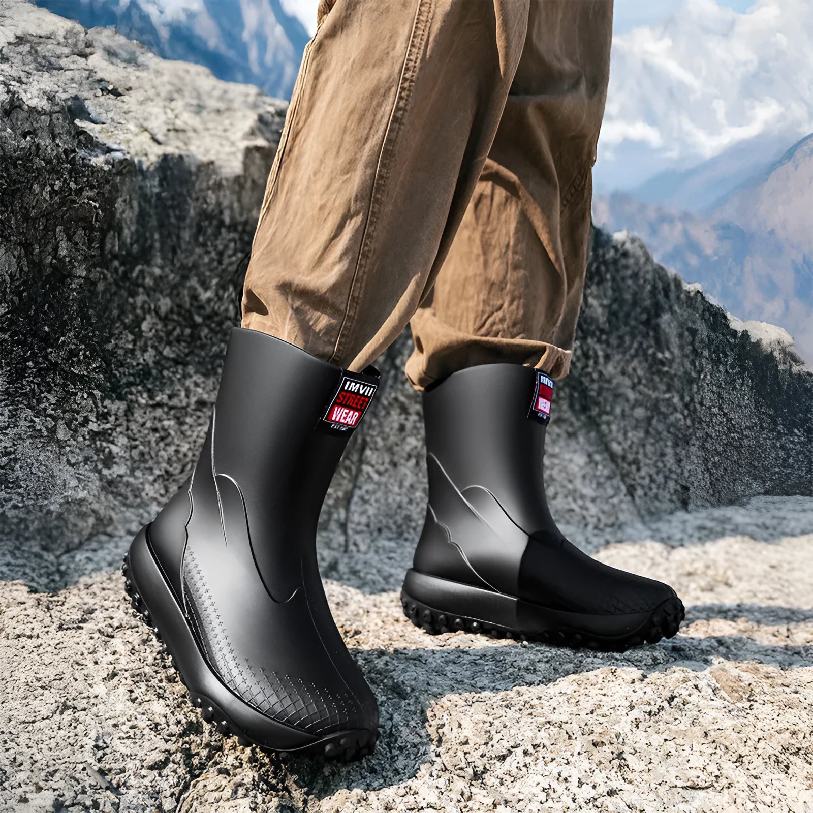 Men's black and red PVC rain boot with a round toe and non-slip plastic sole on a wet surface.