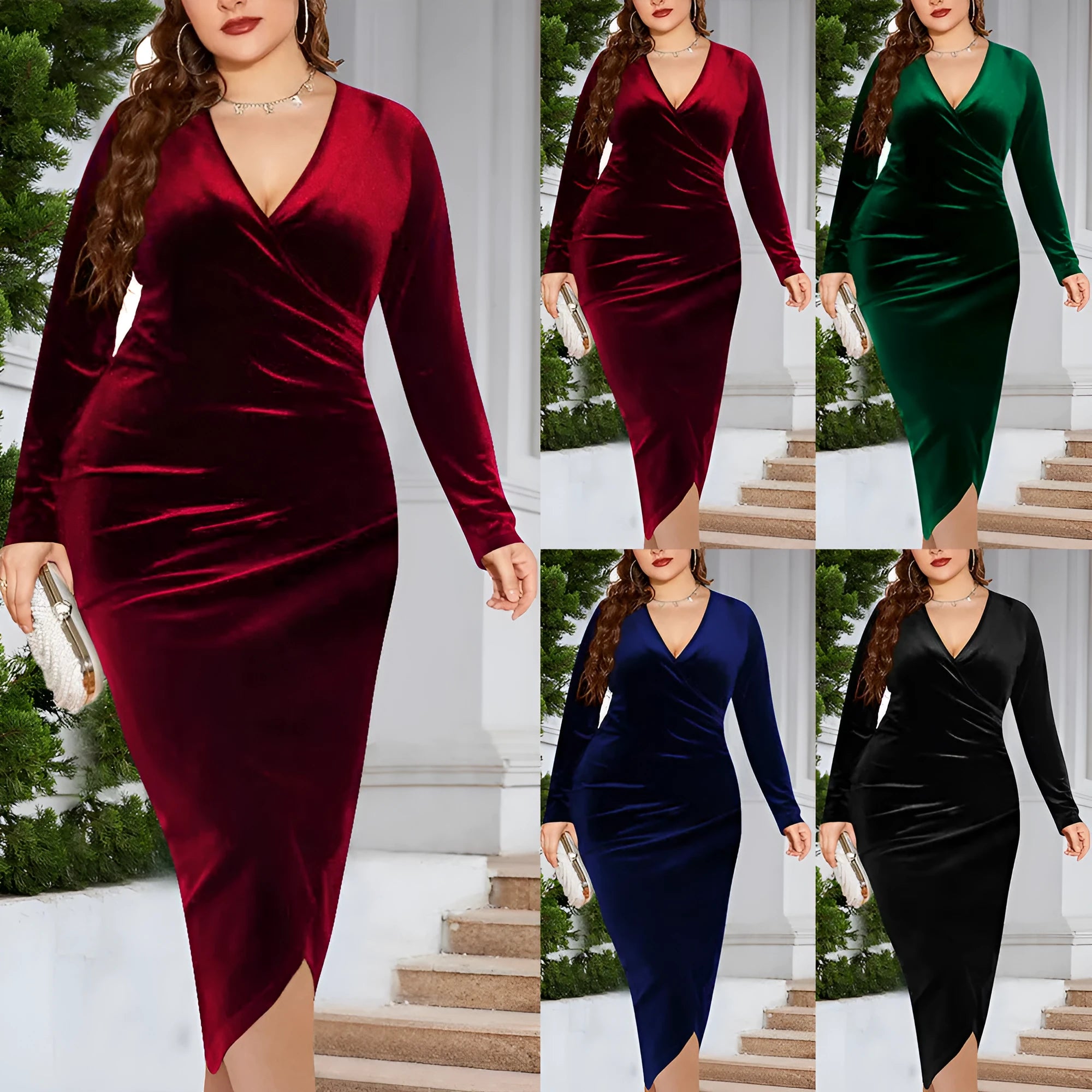 Women's red V-neck dress with long sleeves on a mannequin, showing the fit for plus sizes.