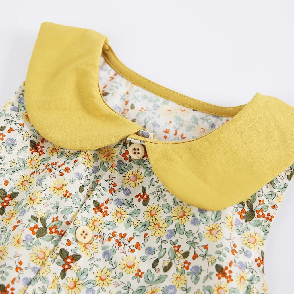 Yellow floral cotton baby romper with doll collar for girls, triangle jumpsuit style