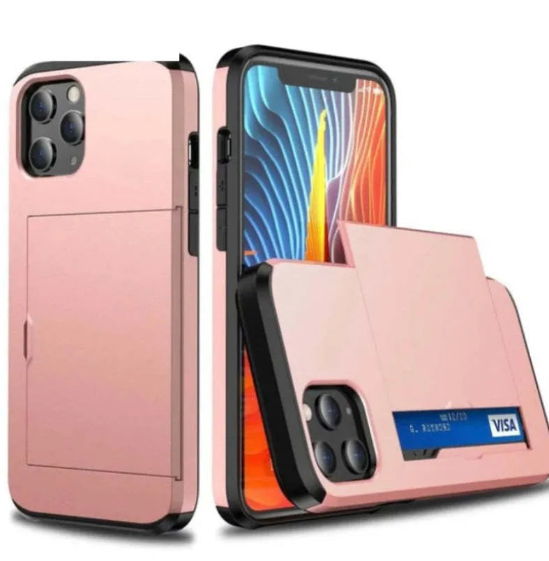 Solid colour plastic slide card phone case for iPhone 14 Max with card slot on back
