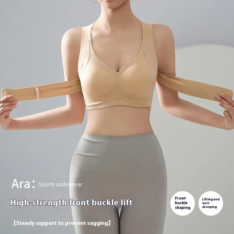 Women's sports bra with front buckle closure and back shaping design for yoga and exercise.