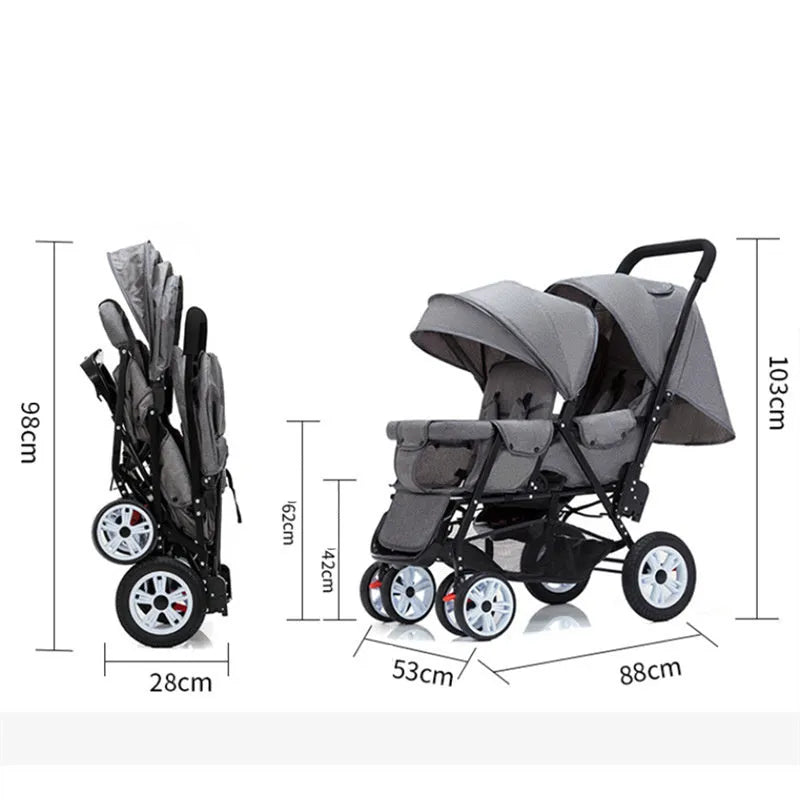 Lightweight double stroller with front and rear seating, folding design, in advanced gray colour