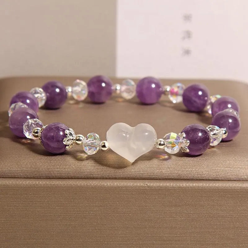 Natural amethyst bracelet with white agate love heart crystal beads light luxury women's accessory