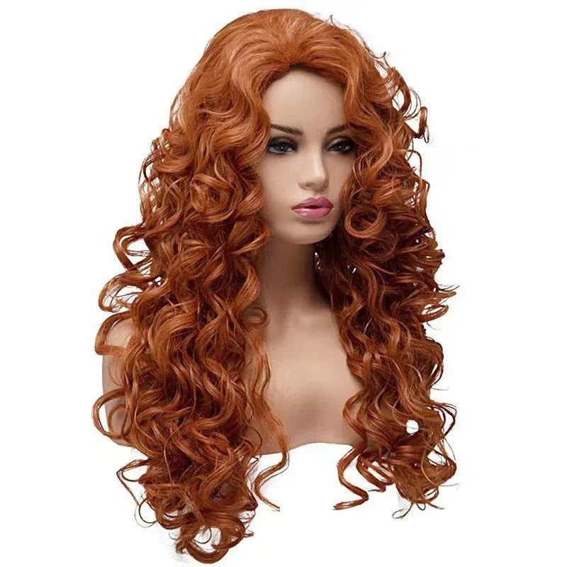 Brown long wavy curly synthetic wig on wig head for Halloween cosplay