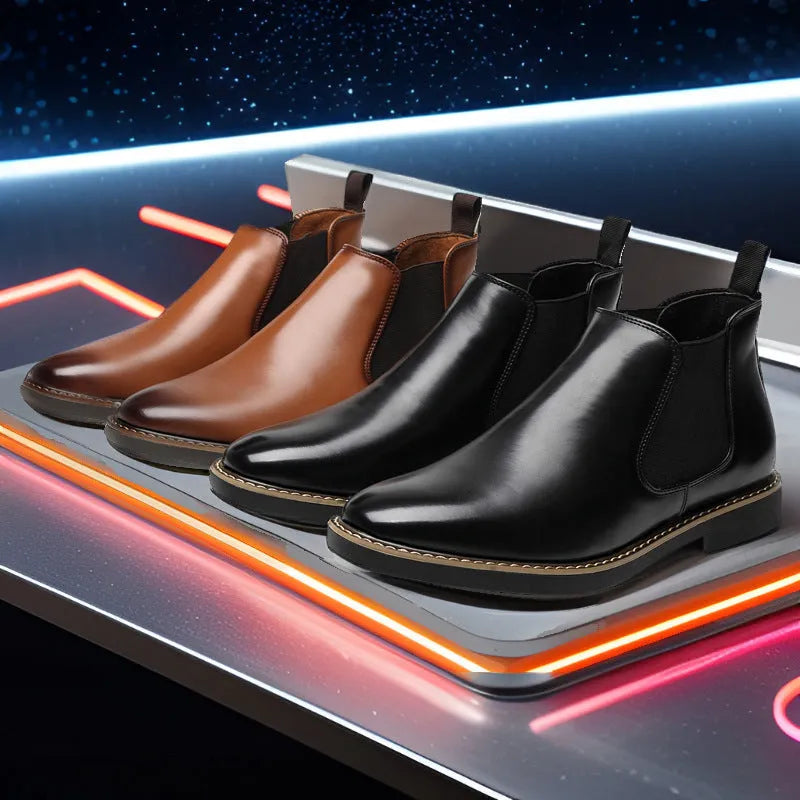 Men's black mid-calf boots with a square heel and artificial PU leather upper.