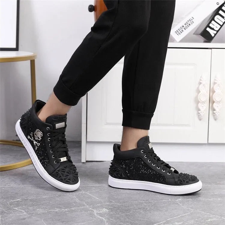 Men's black genuine leather skeleton high top shoes with a lace-up front and rubber sole.