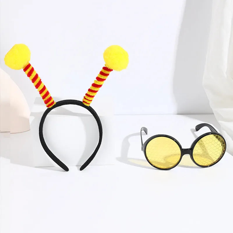 Yellow bee-themed cloth headband and glasses costume accessory set.