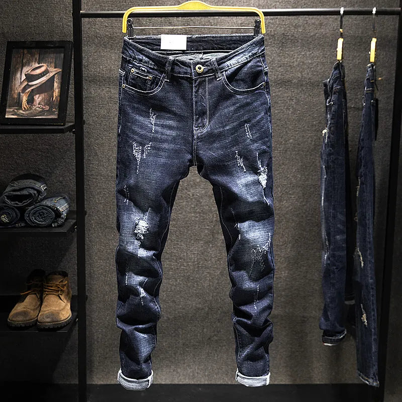 Slim-fit men's jeans in dark blue and light blue with micro-elasticity cotton denim fabric