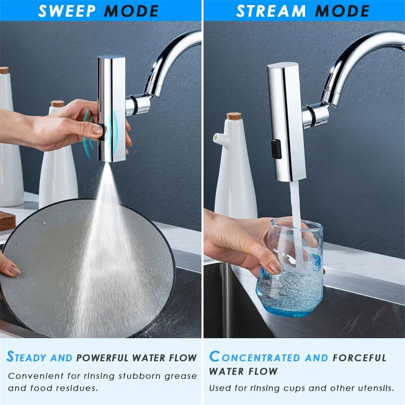 Kitchen faucet nozzle extension with rotating waterfall outlet in black or silver finish