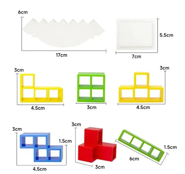 16-piece plastic balance stacking blocks with chassis and base on a table