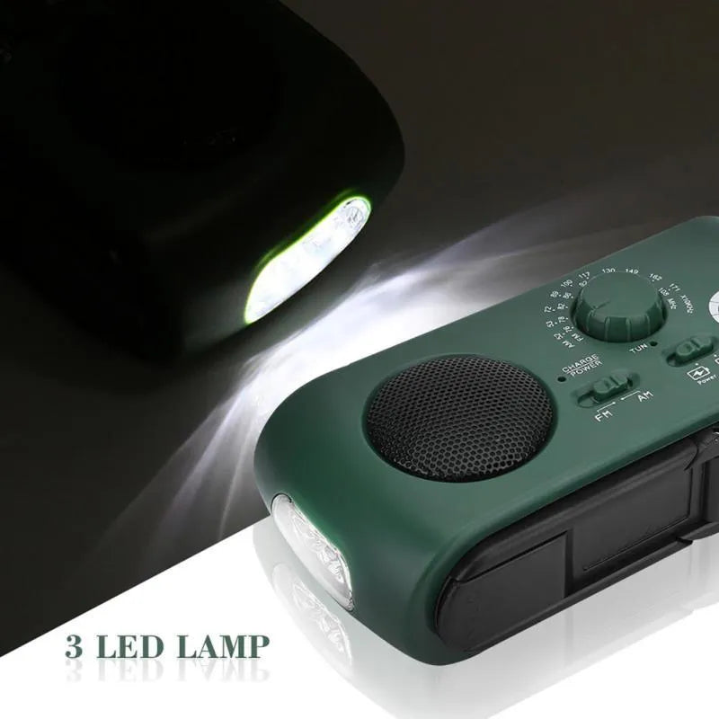 AM FM solar hand crank rechargeable radio with LED flashlight in white, measuring 15x7x4cm, for hiking and emergency use