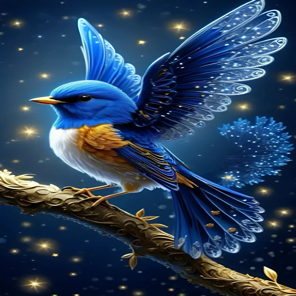 Blue bird diamond painting design on 60x100cm canvas with rhinestone details