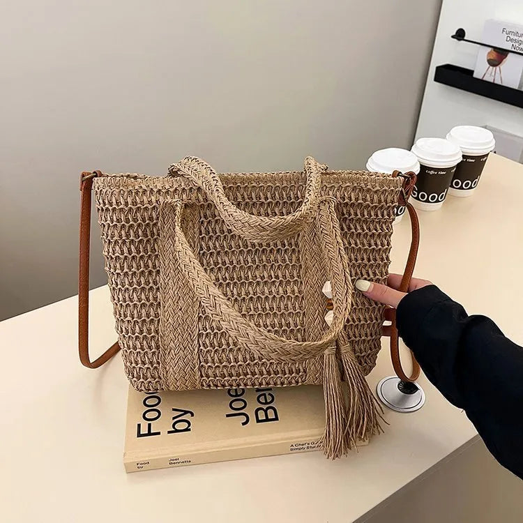 Women's woven straw crossbody shoulder bag in milky white with large capacity design