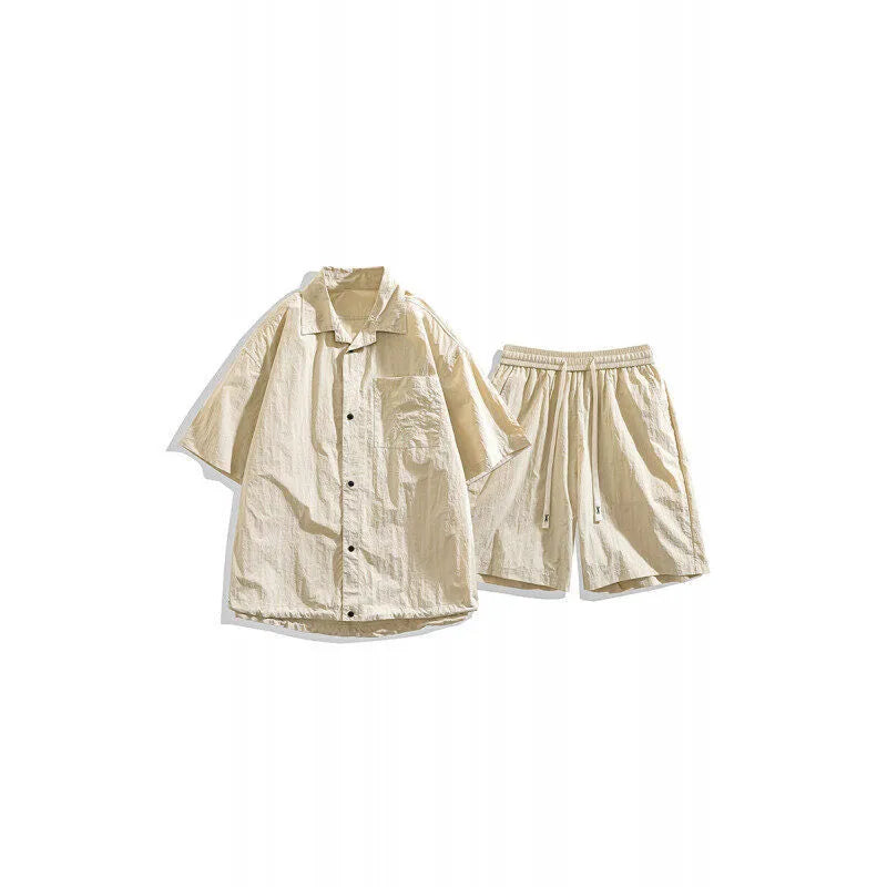 Men's loose-fitting hemp-blend casual shirt and shorts two-piece set in grey