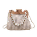 Women's woven straw shoulder bag with pearl chain strap in beige, showing internal organiser pockets.