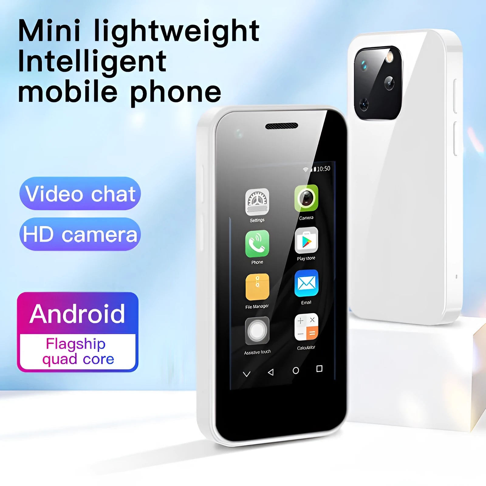 Ultra-compact Android smartphone with 2.5-inch screen in Phantom Night Black colour showing dimensions