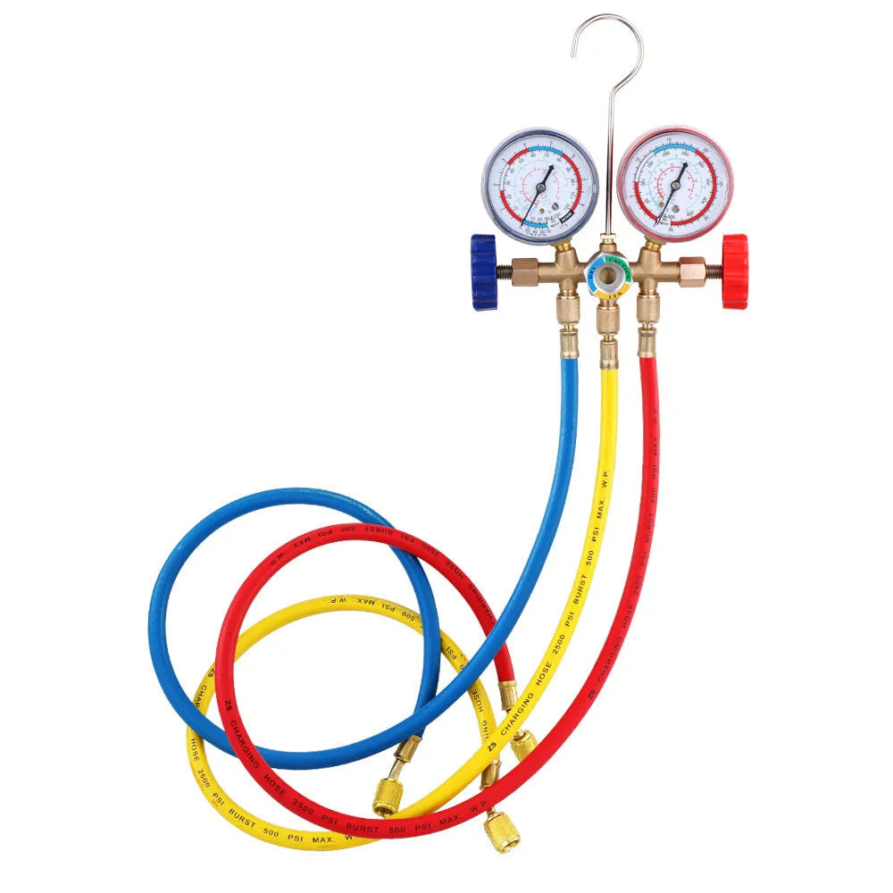 Refrigerant instrument cluster with yellow and red colour-coded hoses, brass manifold, and hook for automotive AC service