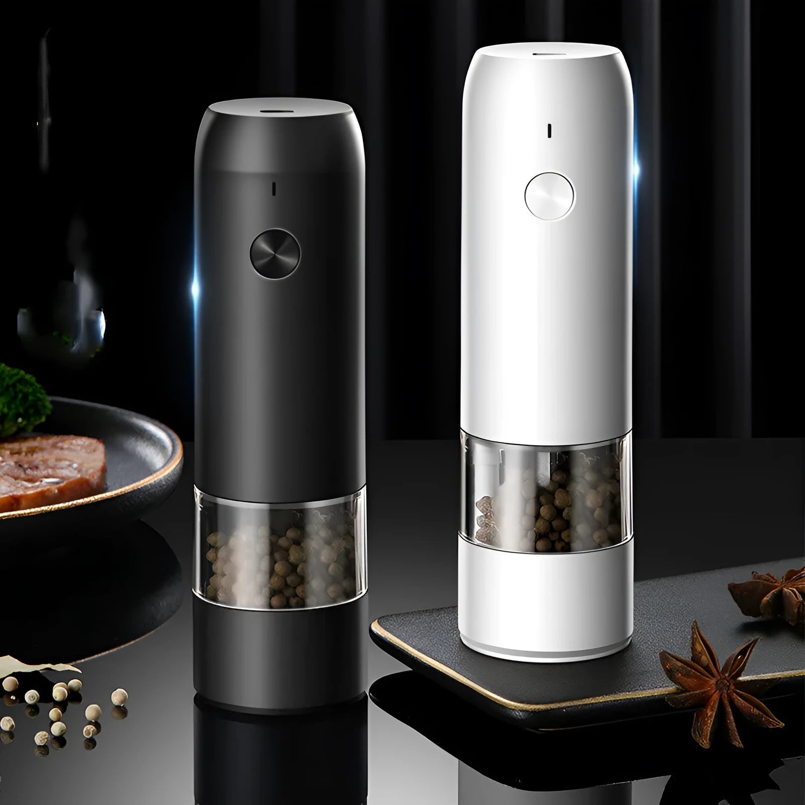 Rechargeable electric salt and pepper grinder set with clear acrylic body and ceramic mechanism