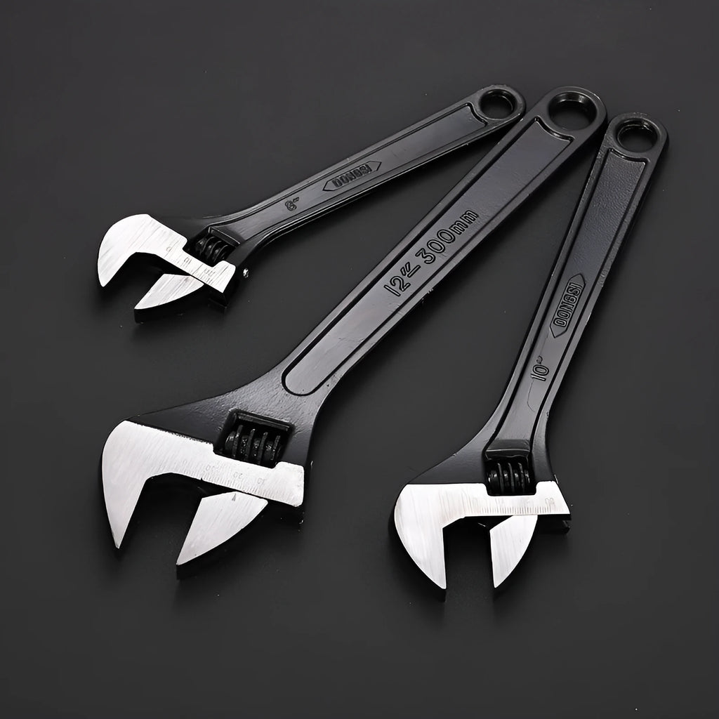 10-inch black high carbon steel adjustable open-end wrench on a workbench