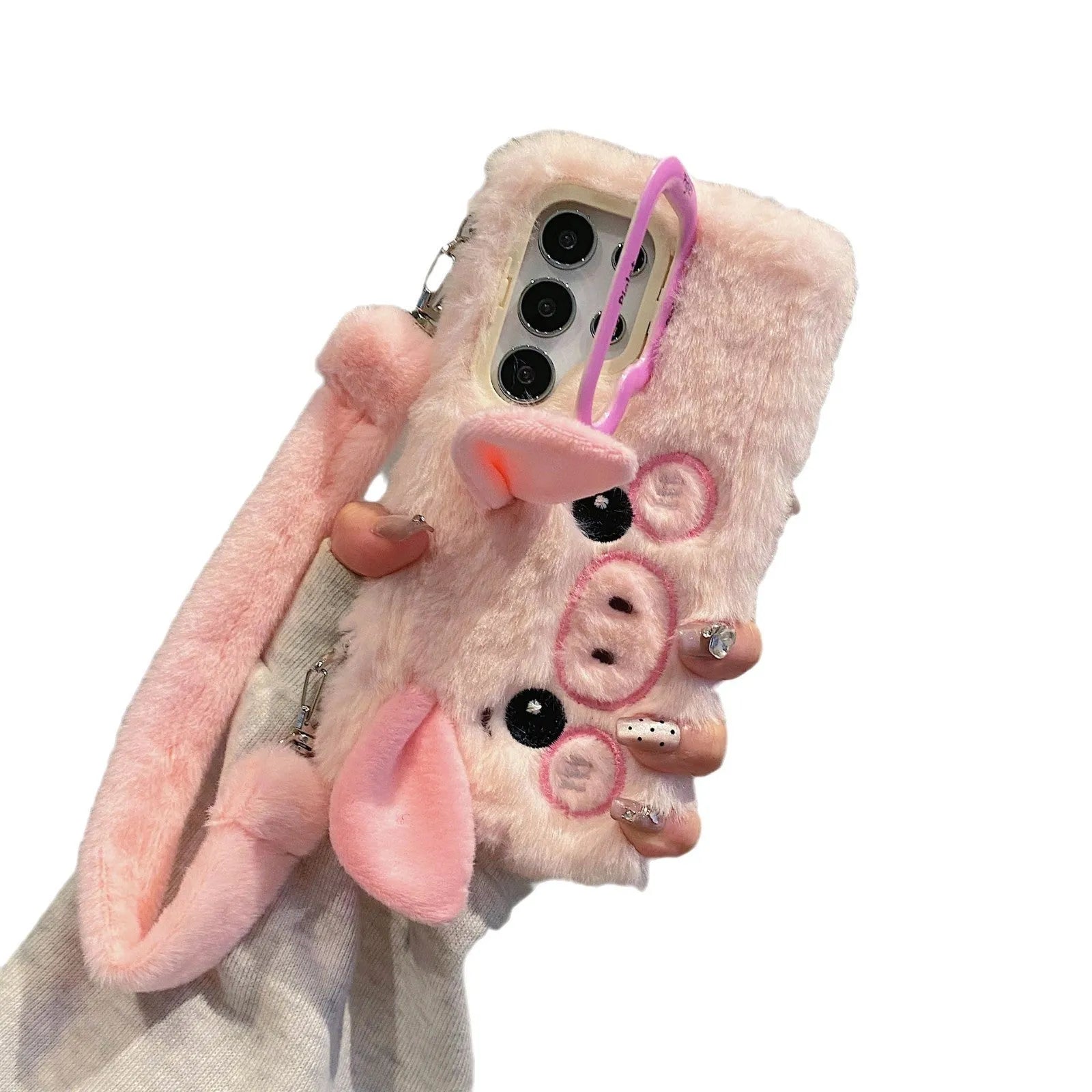 Pink plush furry piggy phone case with bracket for Samsung S25, soft fleece cloth Japanese Korean style