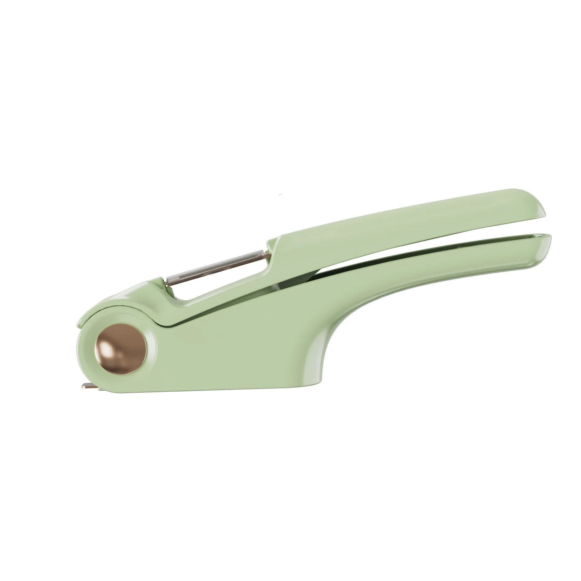 White manual garlic press with stainless steel crusher on a kitchen worktop.