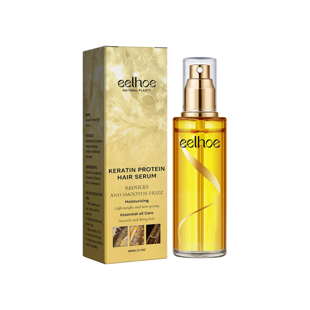 Keratin hair care spray 80ml bottle with jojoba, avocado, coconut, olive, nuts and rosemary oils, 14.3cm x 3.5cm