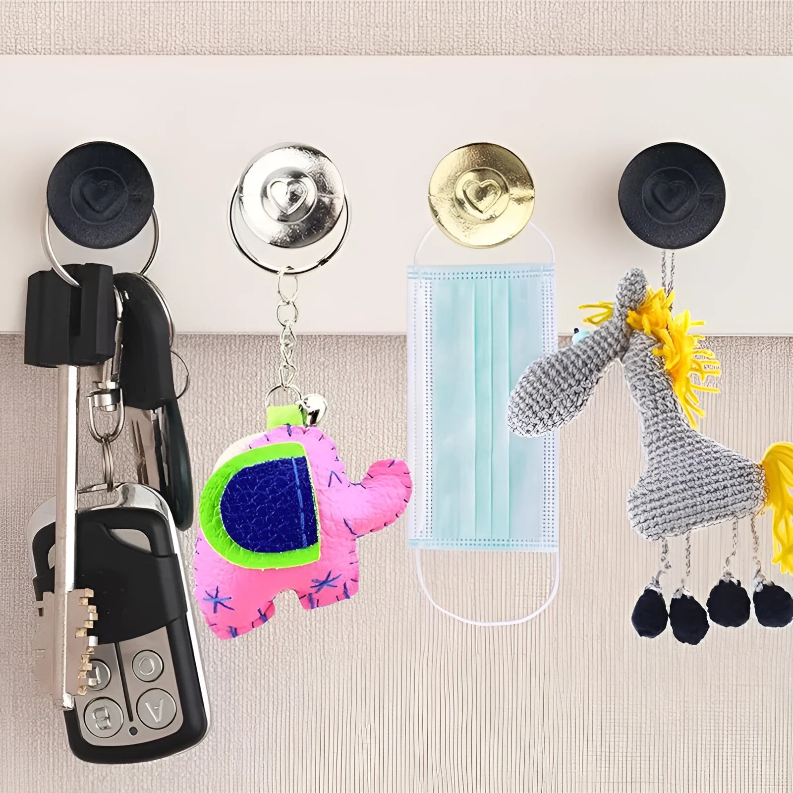 Fancy thumb tack set in mixed colours black gold silver bronze on a corkboard surface
