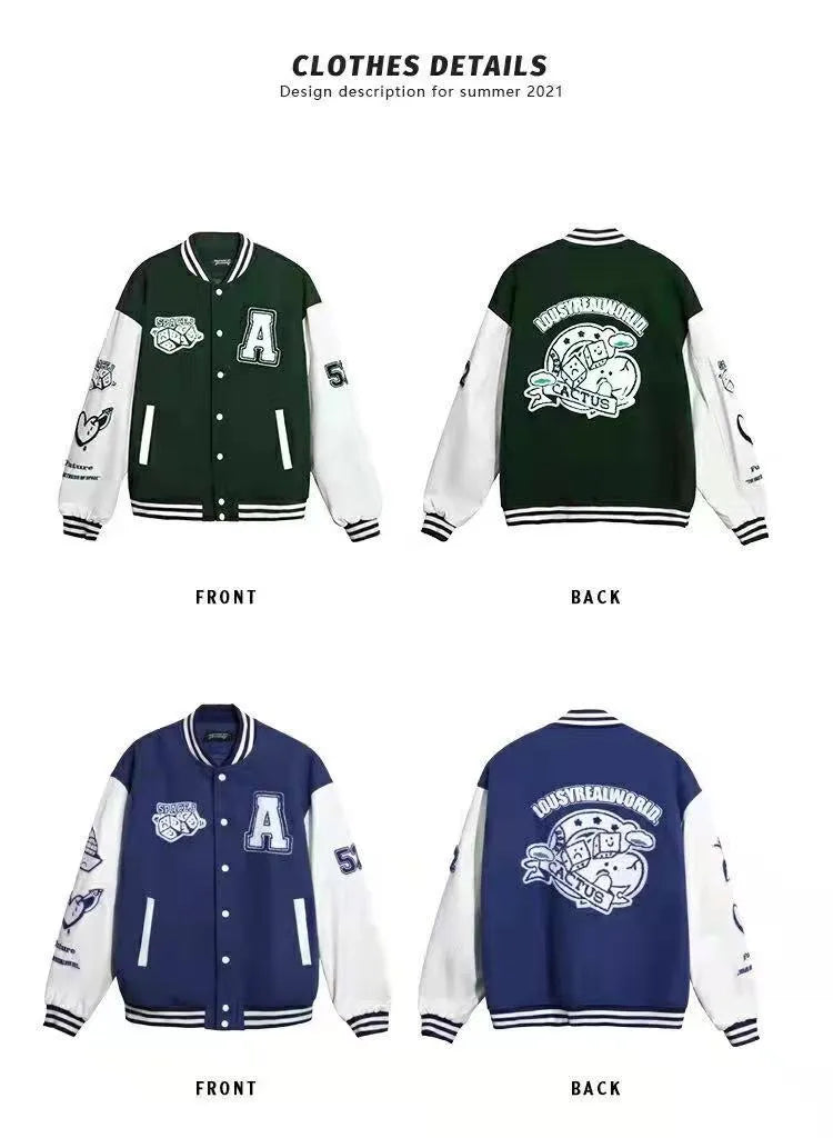 Men's college style stand up collar embroidered letter jacket in straight fit polyester, side slit pockets, single breasted