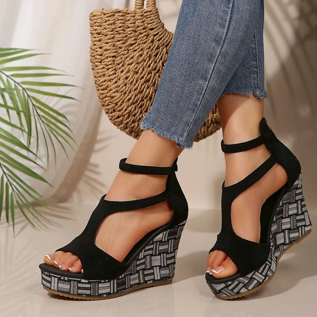 Women's cream white thick-soled ankle-strap buckle sandals with cloth upper on a plain background