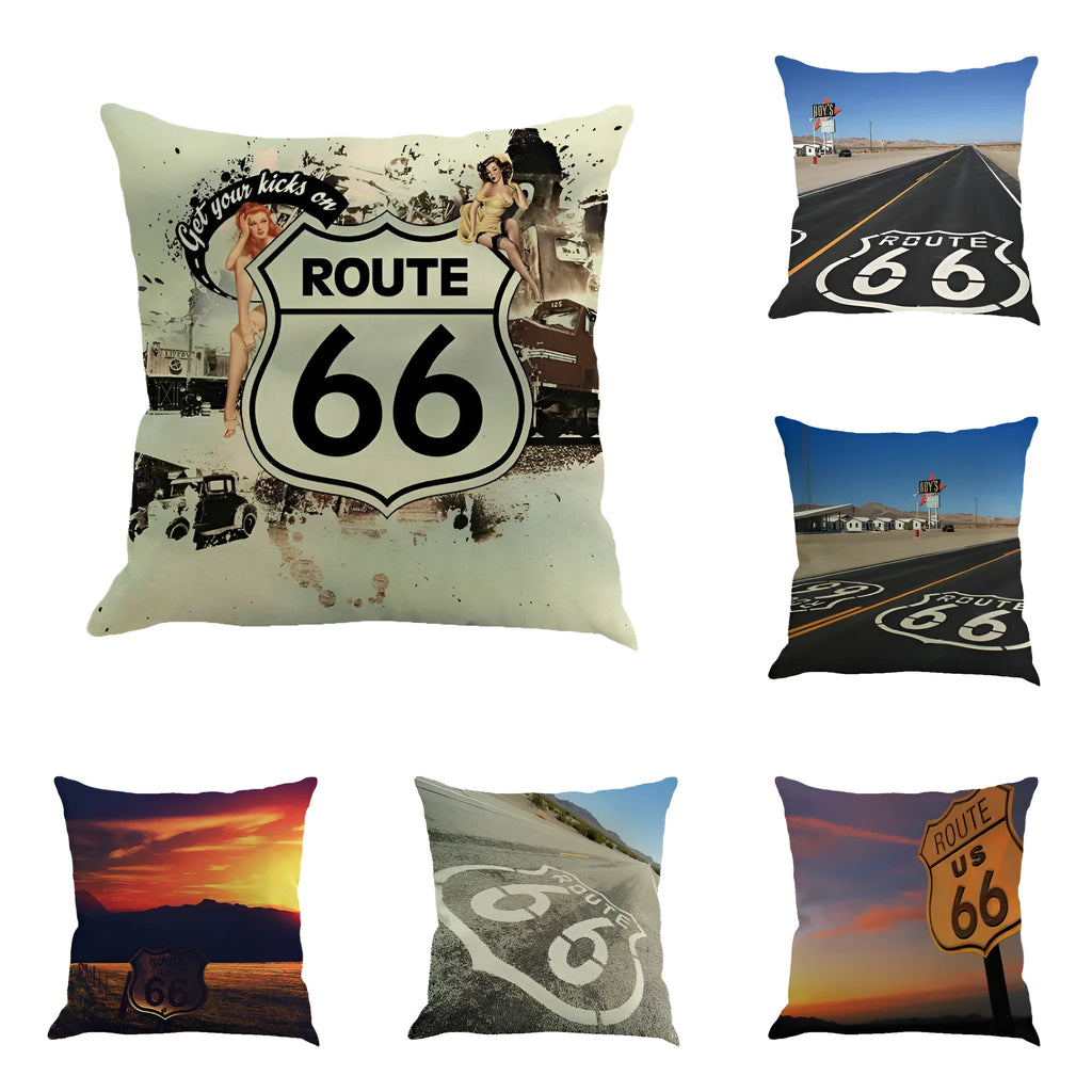 Square linen cushion cover with Route 66 landscape print, 45cm in size.