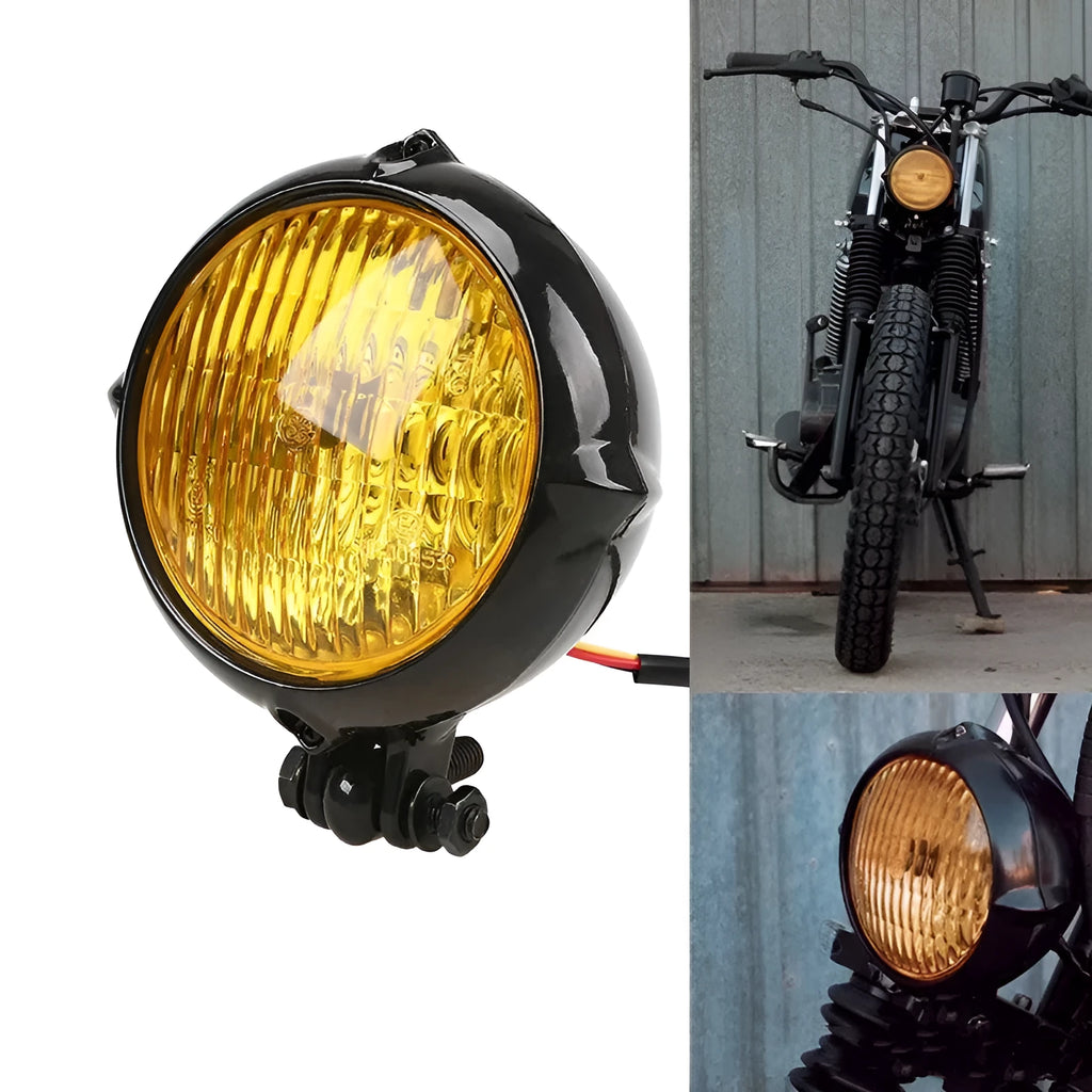 Black retro-style Harley motorcycle headlight with an 8cm diameter cast aluminium housing.