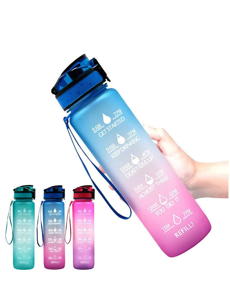 Clear plastic 1000ml sports water bottle with coloured lid and a fruit infuser straw inside.