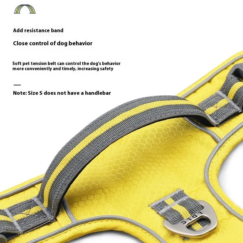 Nylon reflective pet harness with traction strap in yellow, multiple sizes available